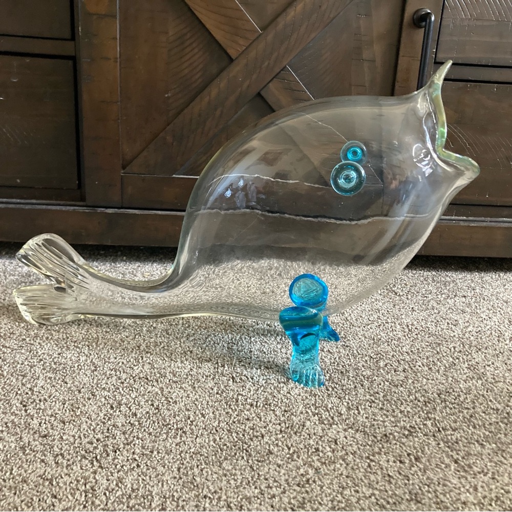 Large 20” Art Glass Fish Sculpture Clear w/ Blue Accents Coastal Beach Decor